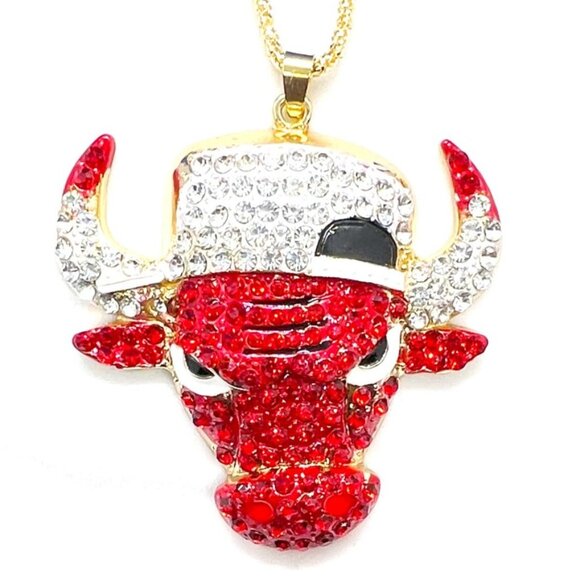 Red BULL Head with Hat Pendant Necklace - Picture 1 of 1